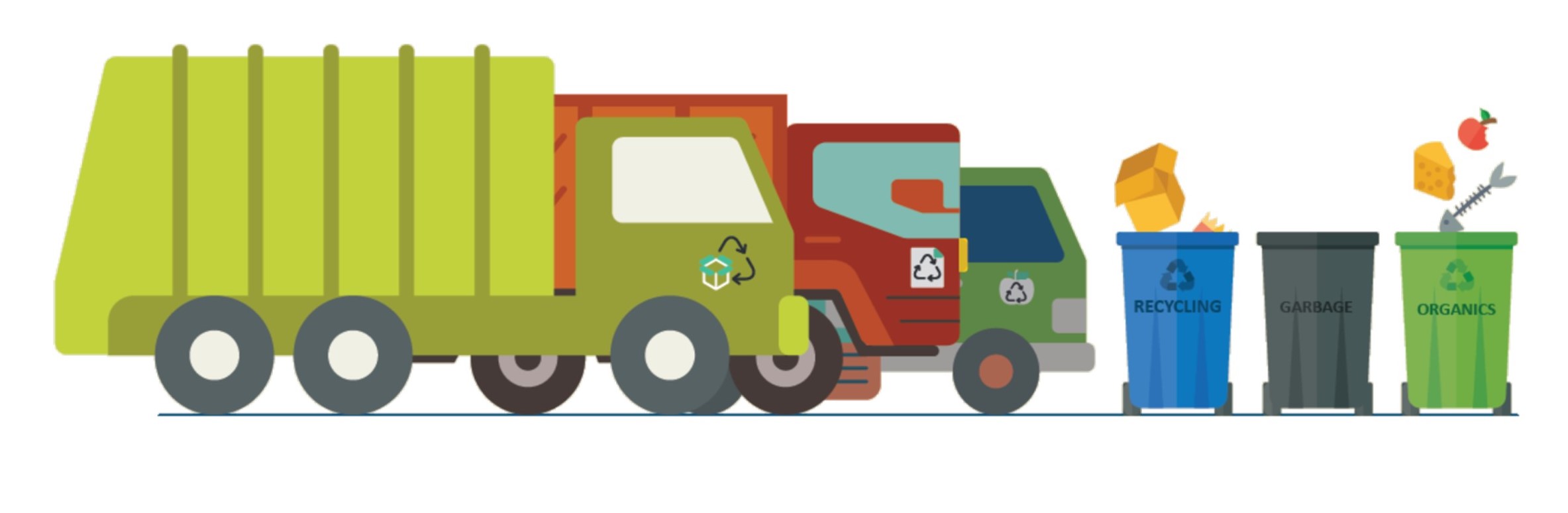 Graphic art of trucks lined up beside waste collection bins